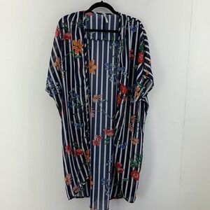 Boho Cottagecore Womens Large Striped Floral Sheer Kimono Swim Cover Beach